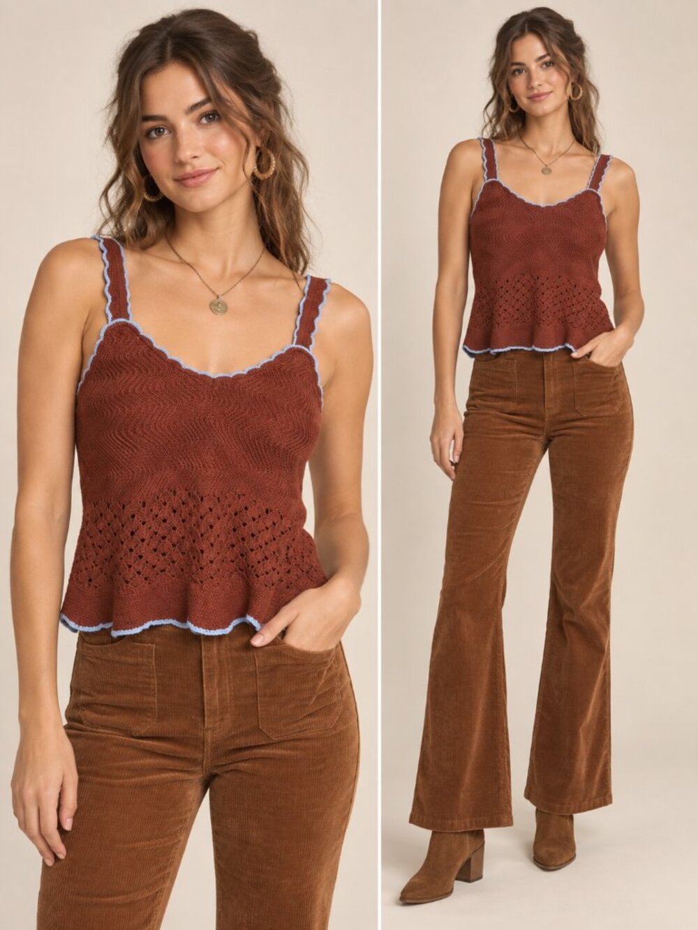A New Day Crochet Knit Tank Top Brown Blue Trim Camisole XL NWOT